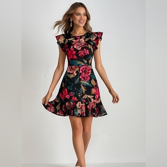 Boho Floral Print Ruffle Trim Dress Black - Picture 2 of 9